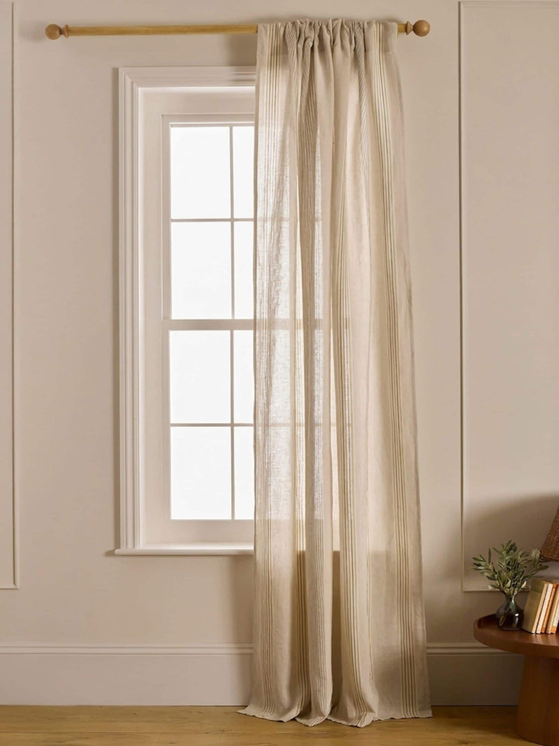 Secret Linen Store Natural Sophie Stripe 100% Linen Loop Top Single Curtain