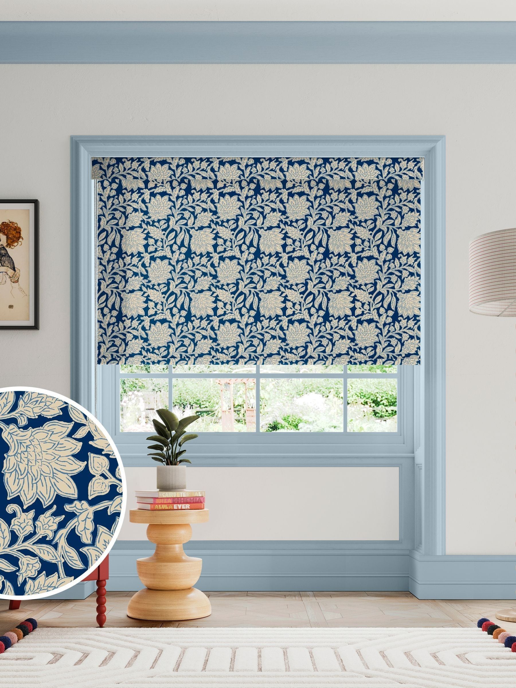 Land & Shore Rowallane blue floral roller blind, UK version