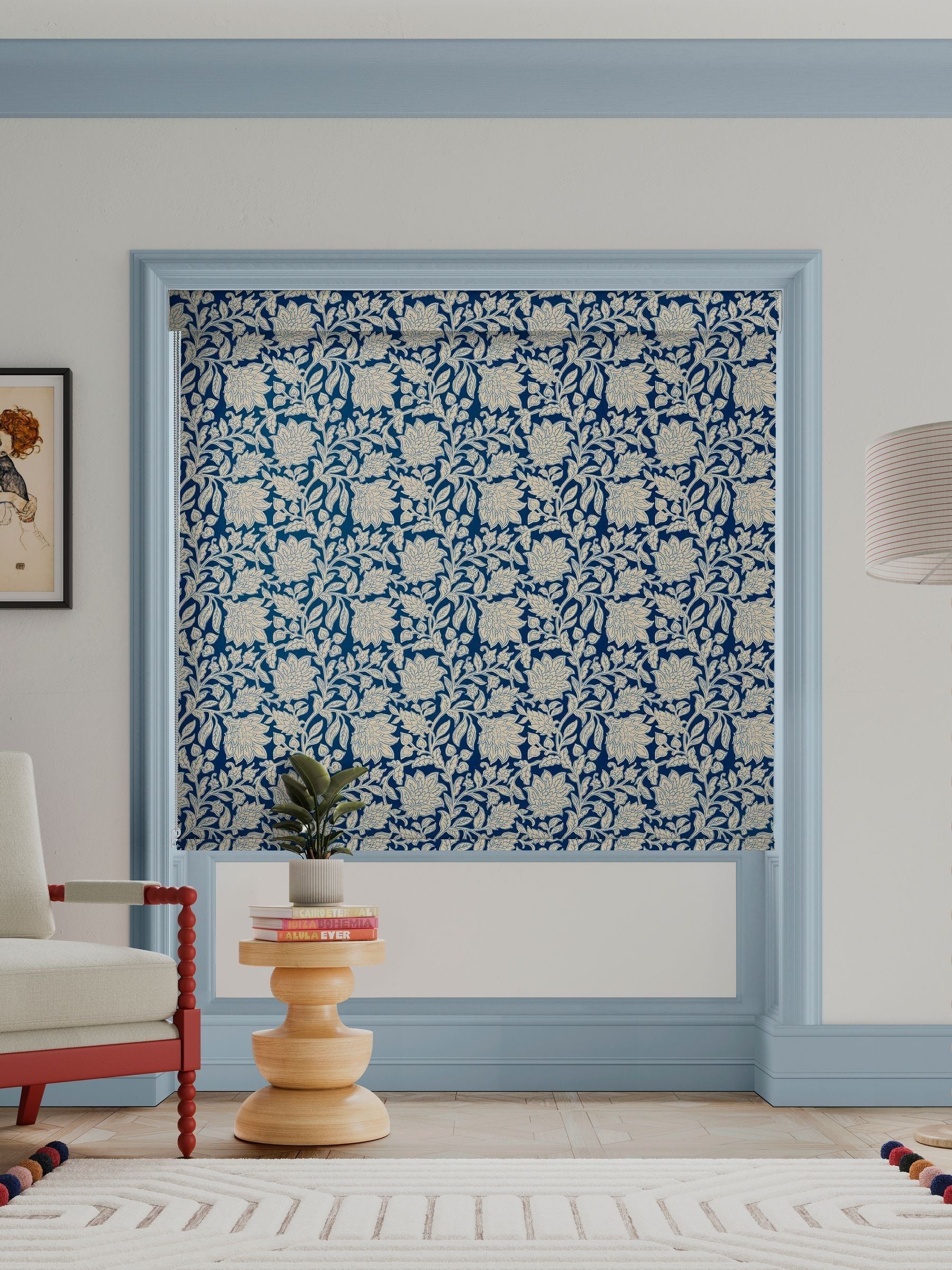 Land & Shore Rowallane blue floral roller blind, UK version