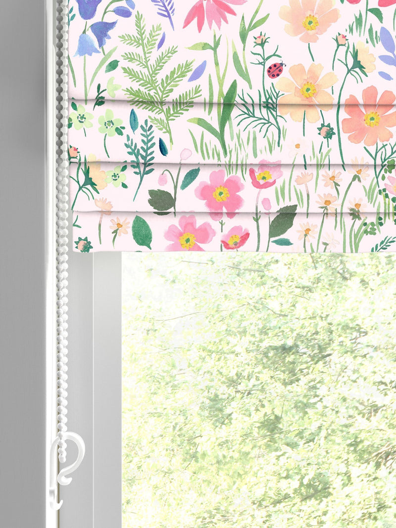 Wee Blue Bell pink roman blind with secret garden design, imported from the UK
