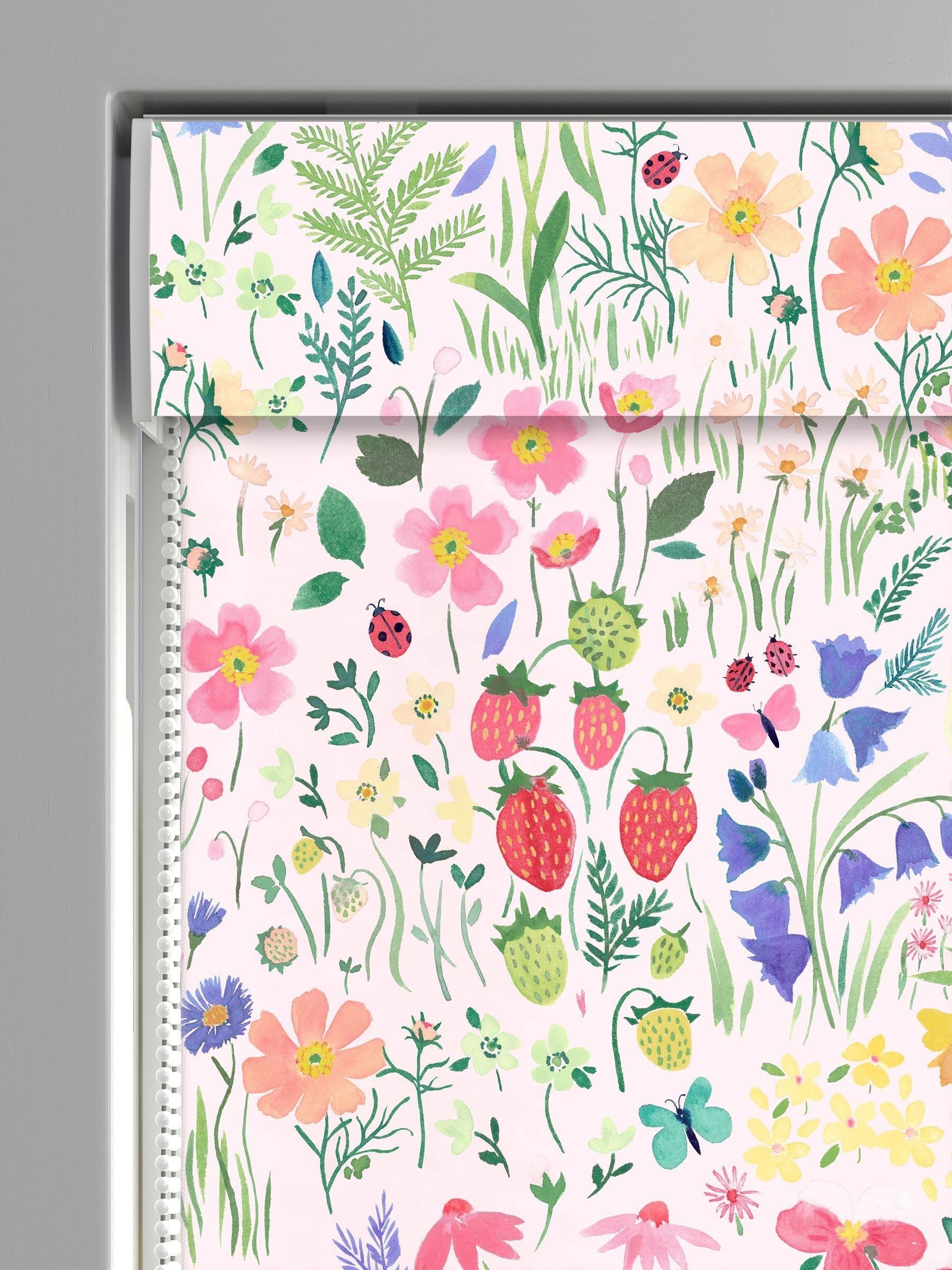 Wee Blue Bell pink roman blind with secret garden design, imported from the UK