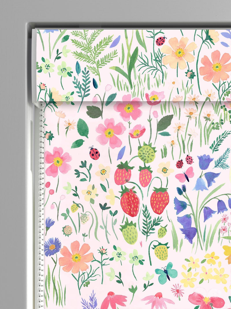 Wee Blue Bell pink roman blind with secret garden design, imported from the UK