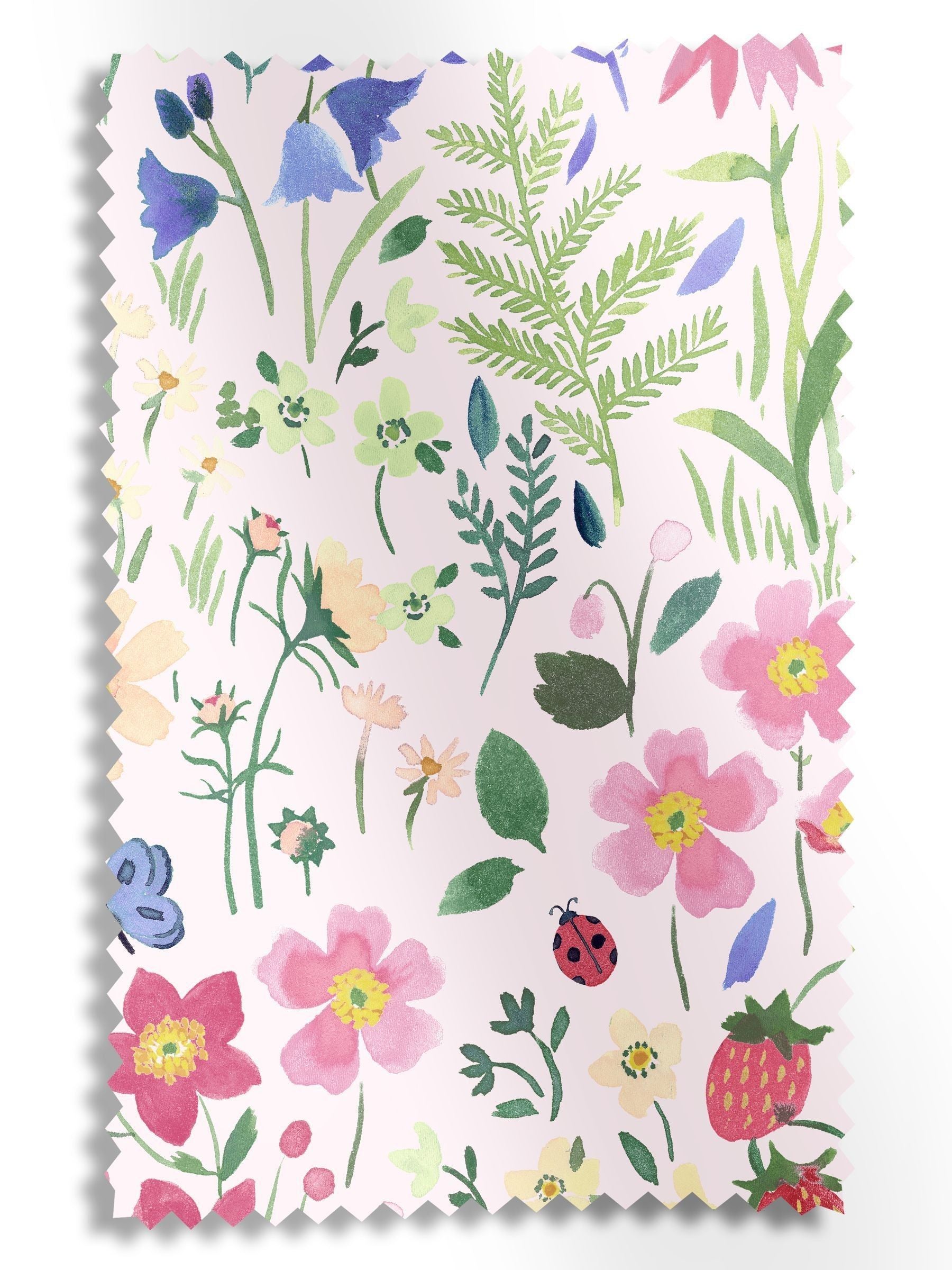 Wee Blue Bell pink roman blind with secret garden design, imported from the UK
