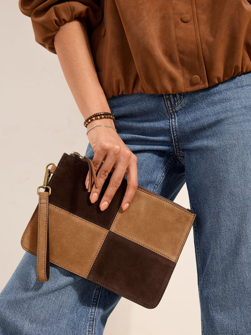 Friends Like These chocolate brown suede clutch bag, UK version