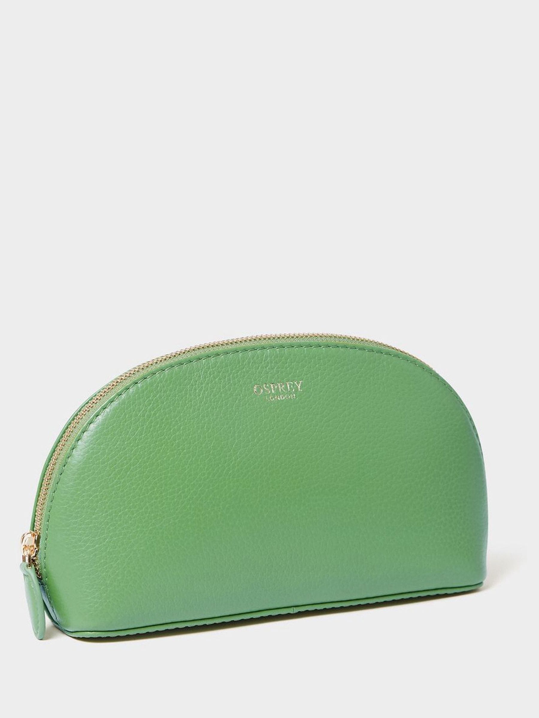 Osprey London Tilly green leather makeup bag, imported from the UK