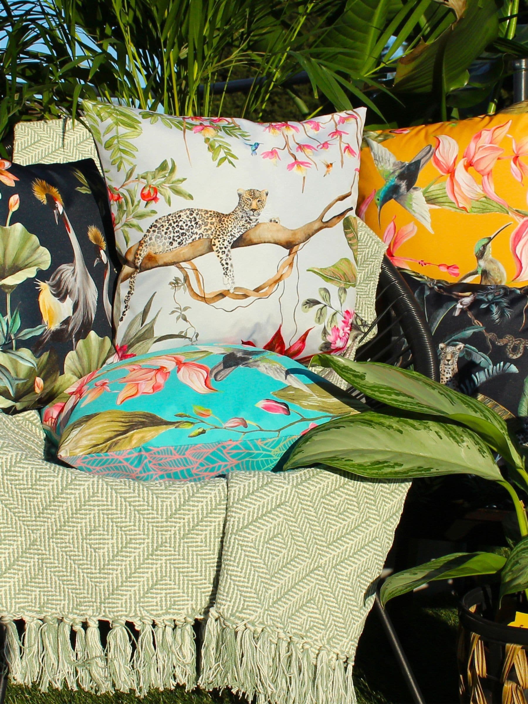 Evans Lichfield Blue Hummingbird outdoor cushion 43x43cm, UK version