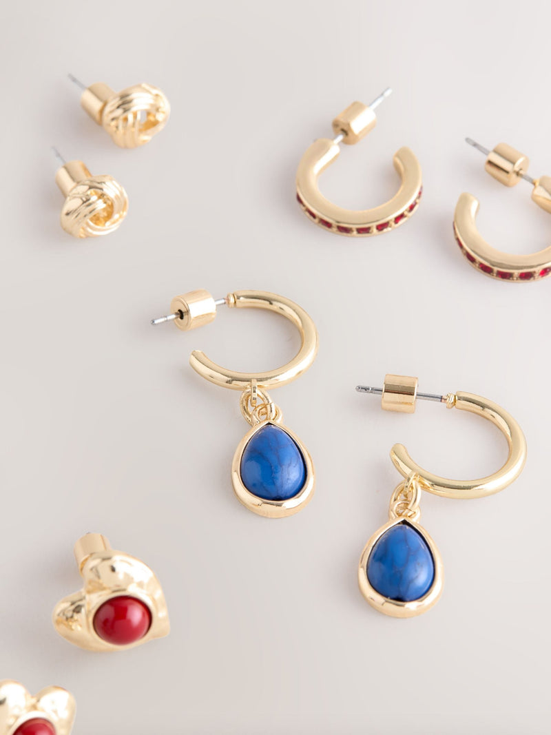 Gold tone multicolour stud and hoop earrings 6 pack (British brand)