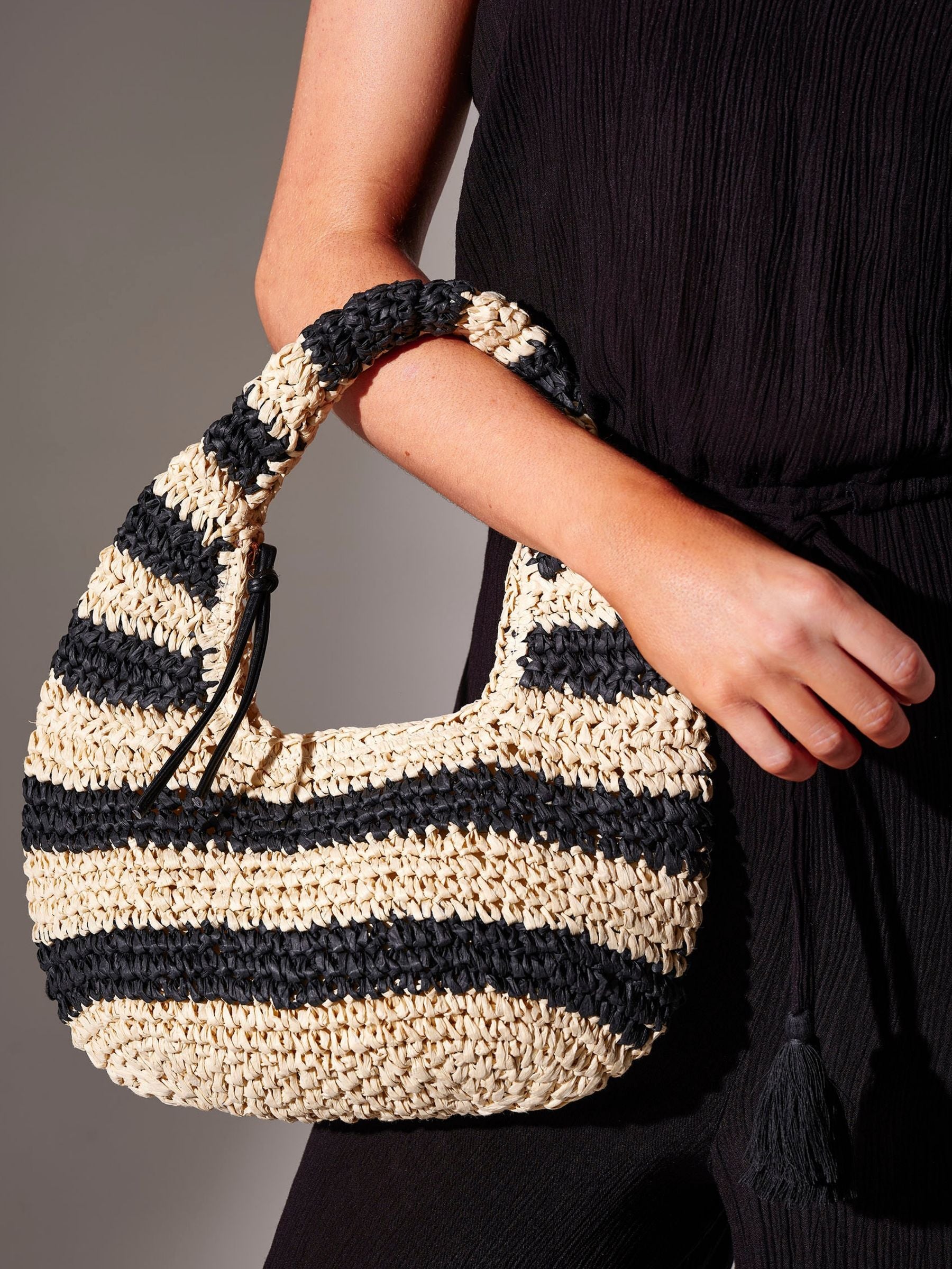 South Beach black straw stripe lined grab bag (British brand)