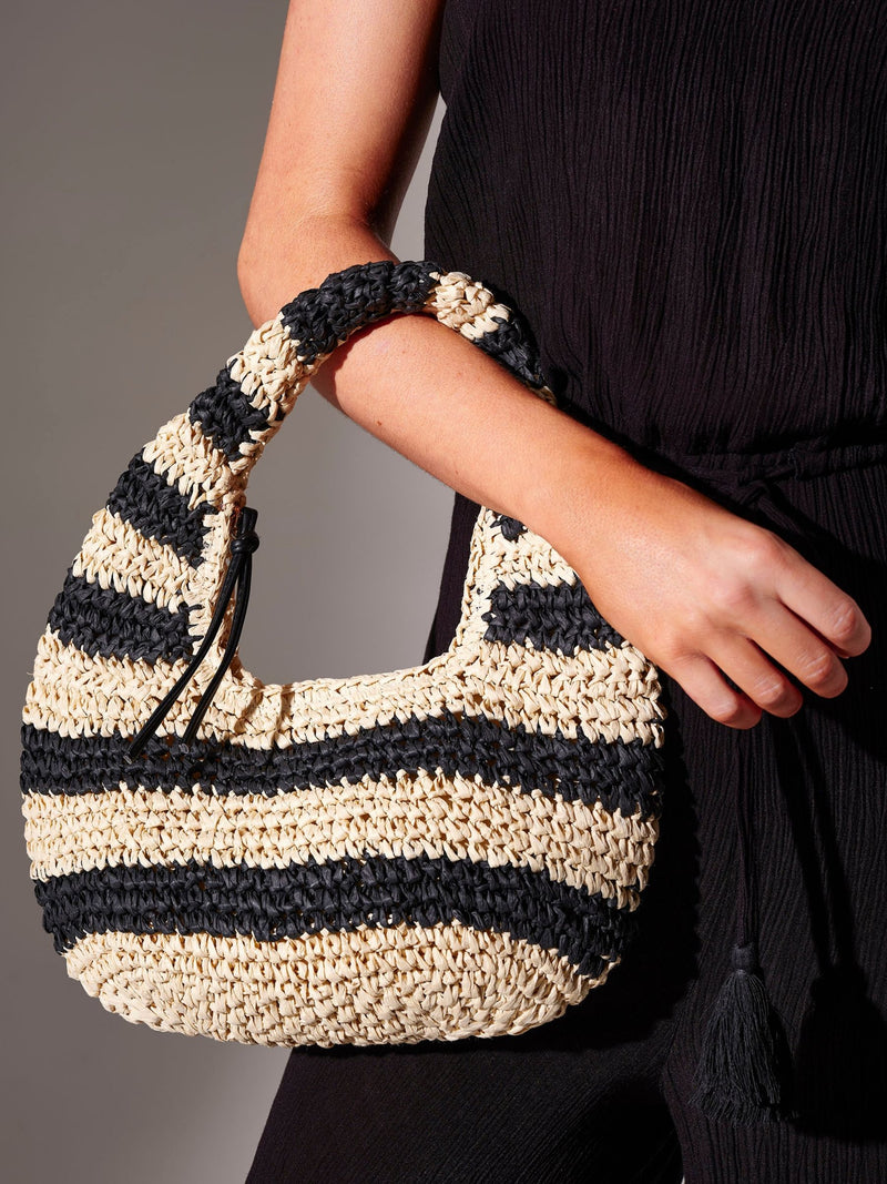 South Beach black straw stripe lined grab bag (British brand)