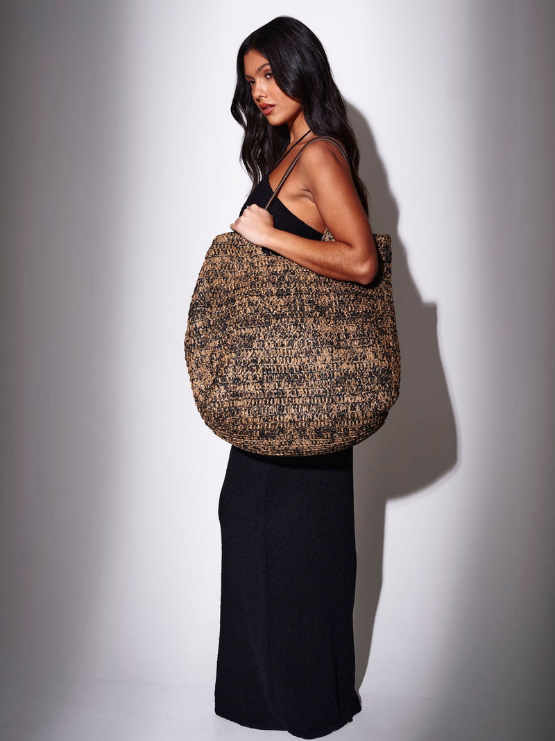 South Beach brown raffia tote bag with mixed weave (British brand)