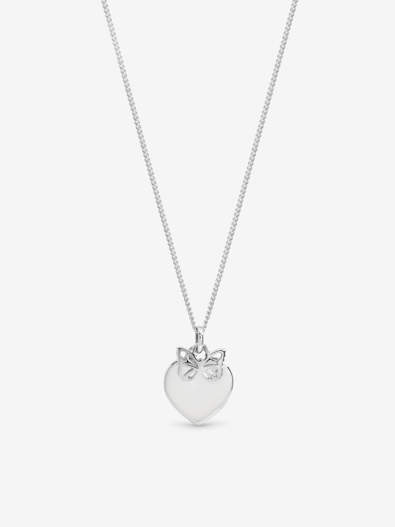 Inicio sterling silver plated personalised heart pendant with butterfly charm, UK version