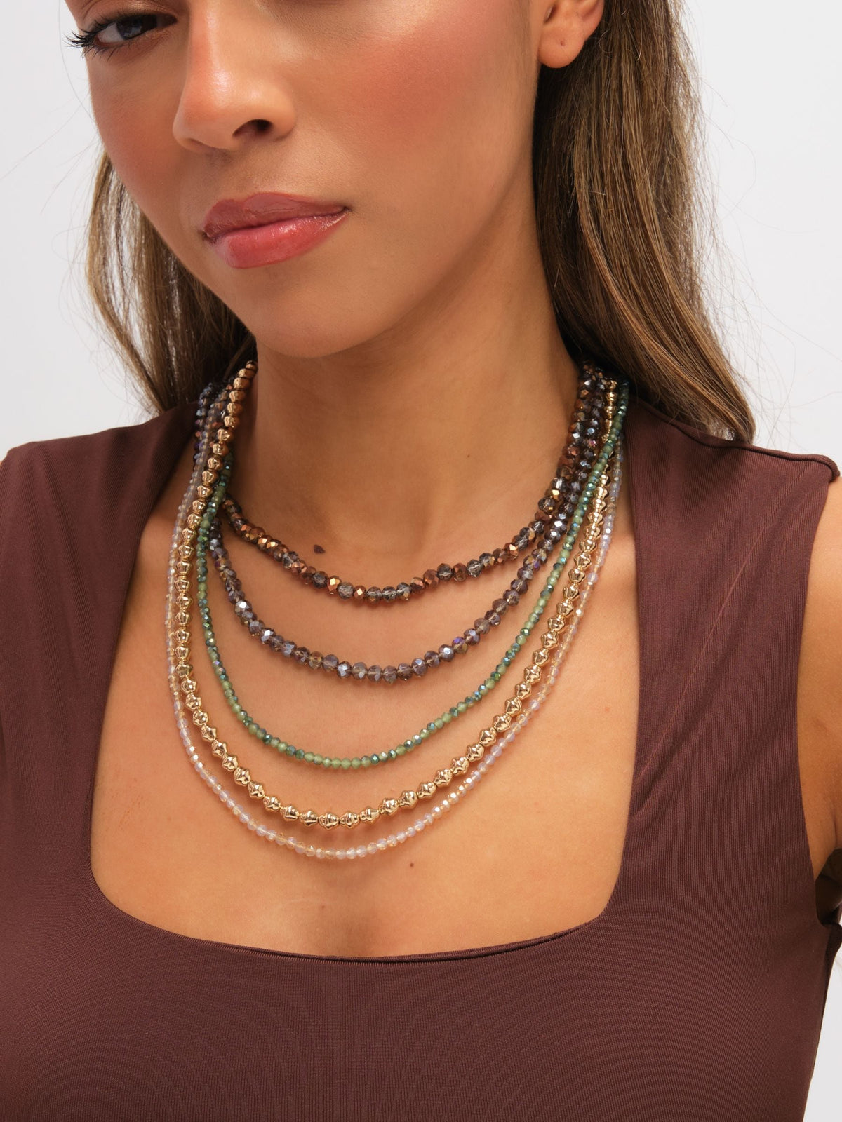 Mood gold tone polished multicolour beaded multirow necklace 20 inch, UK version