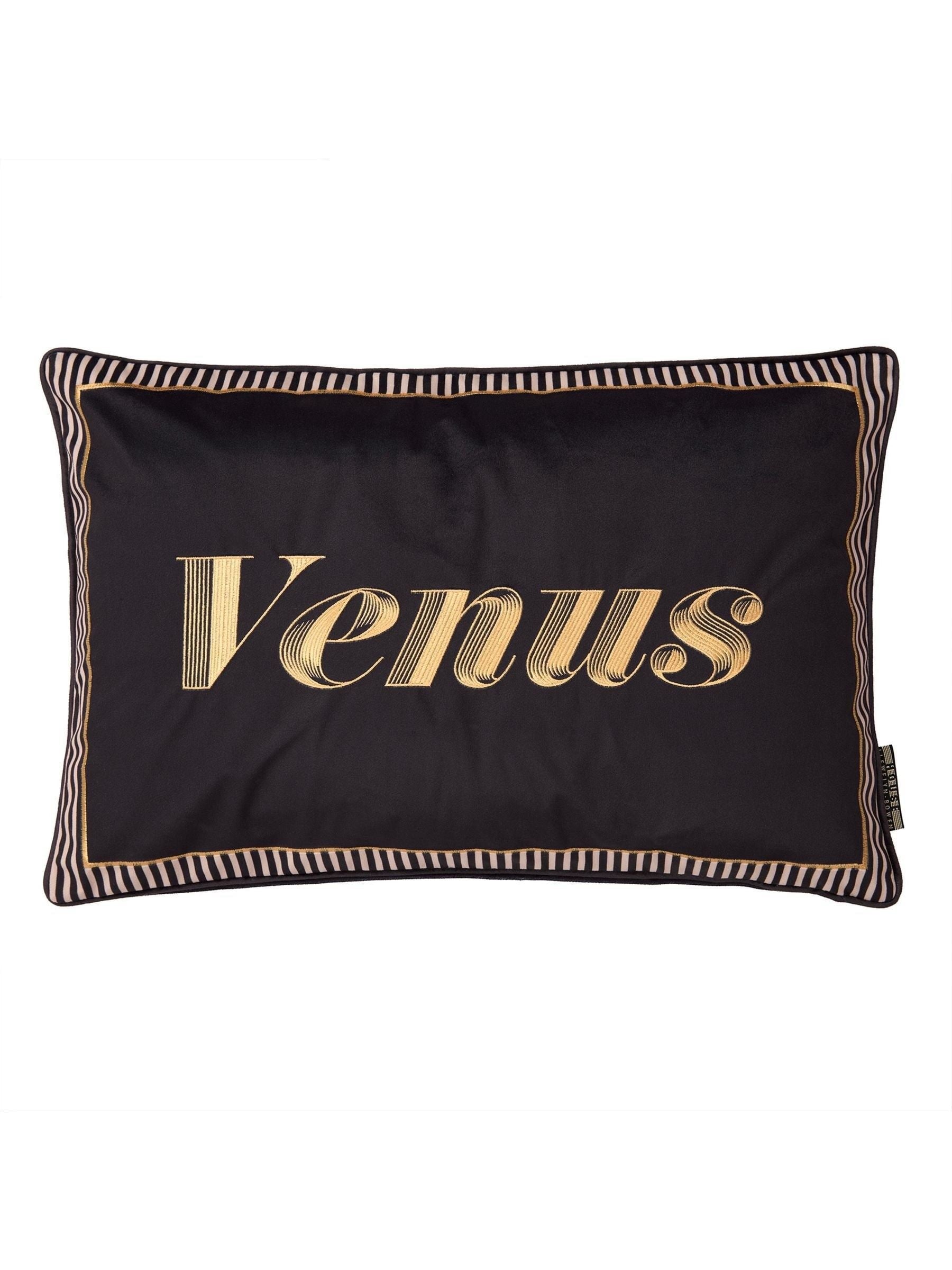 Laurence Llewelyn-Bowen black velvet cushion with gold embroidered Venus, UK version