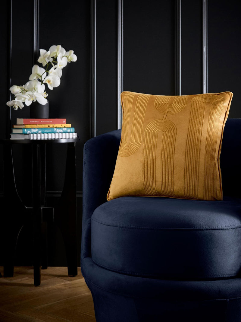 Laurence Llewelyn-Bowen ochre embroidered velvet cushion 43cm - British product