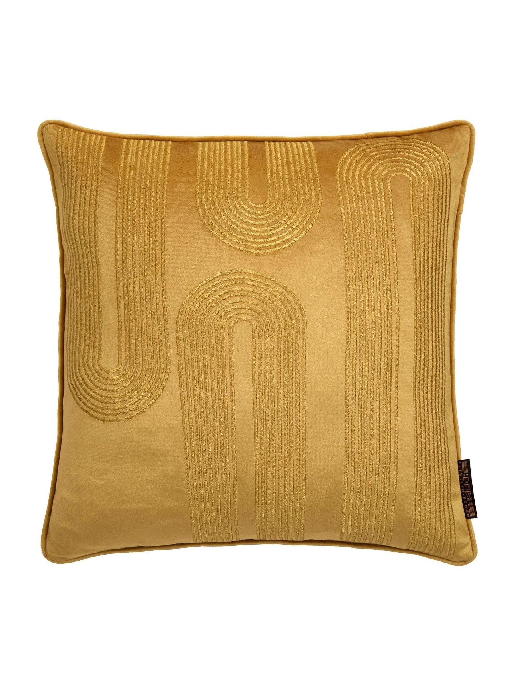 Laurence Llewelyn-Bowen ochre embroidered velvet cushion 43cm - British product