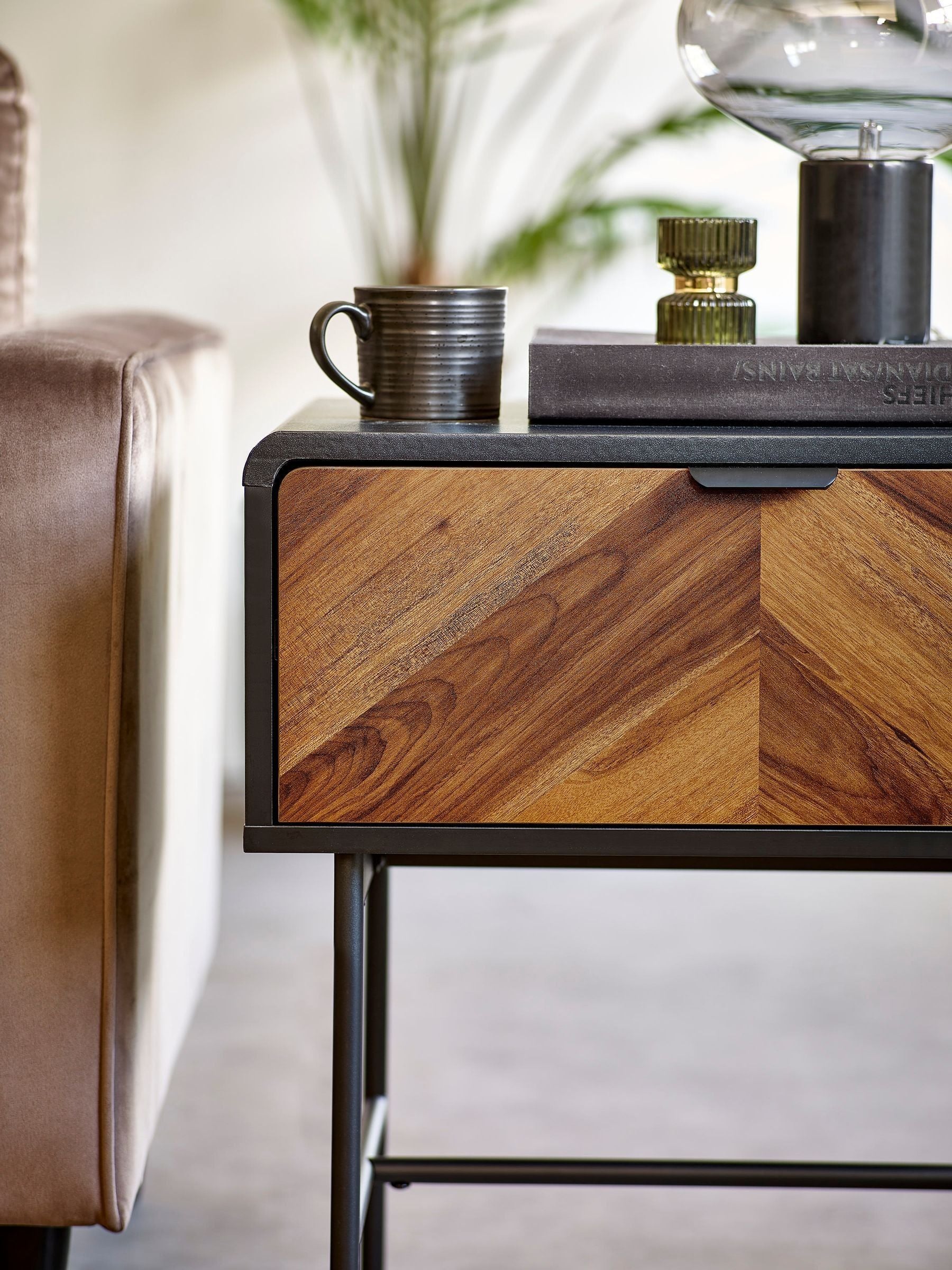 Julian Bowen Alvin lamp table black and natural with chevron drawer (British brand)