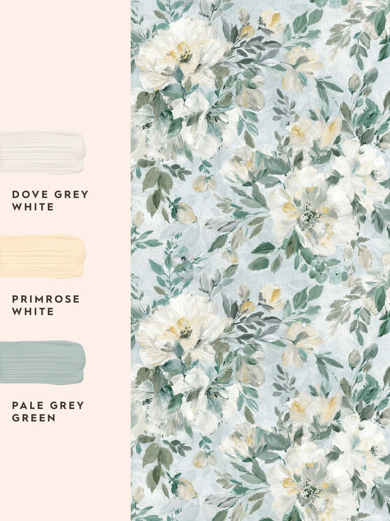 Laura Ashley wallpaper sample Elowen Peony pale teal A4, imported from the UK