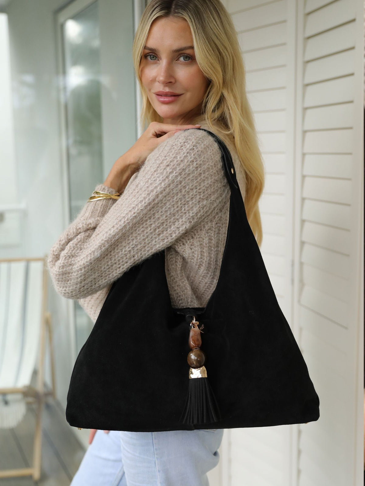 Luella Grey Black Pandora Suede Hobo Bag