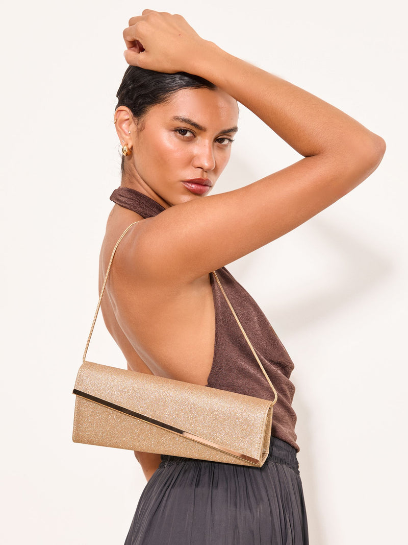 Lipsy gold glitter asymmetric clutch bag, UK version