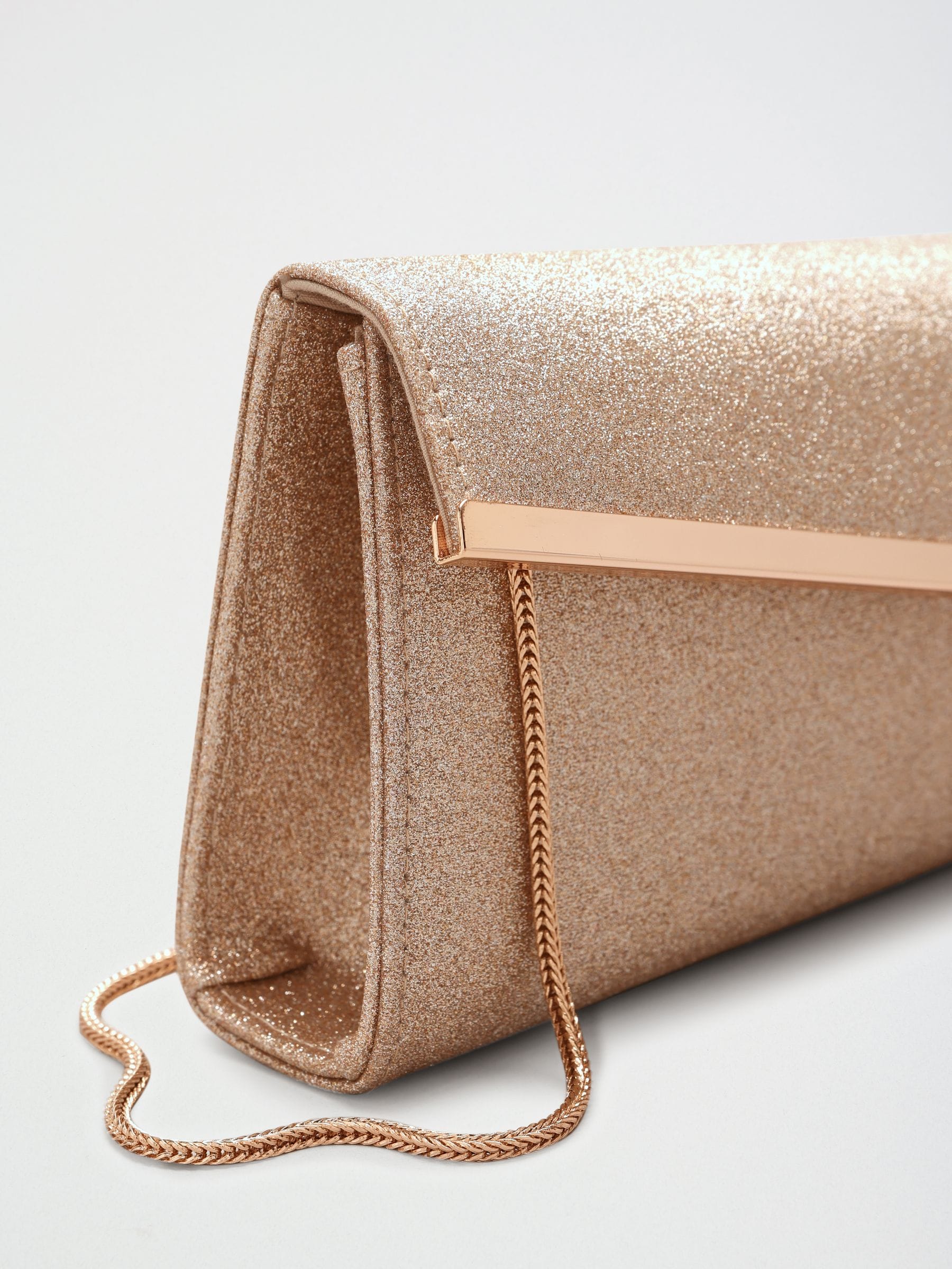 Lipsy gold glitter asymmetric clutch bag, UK version