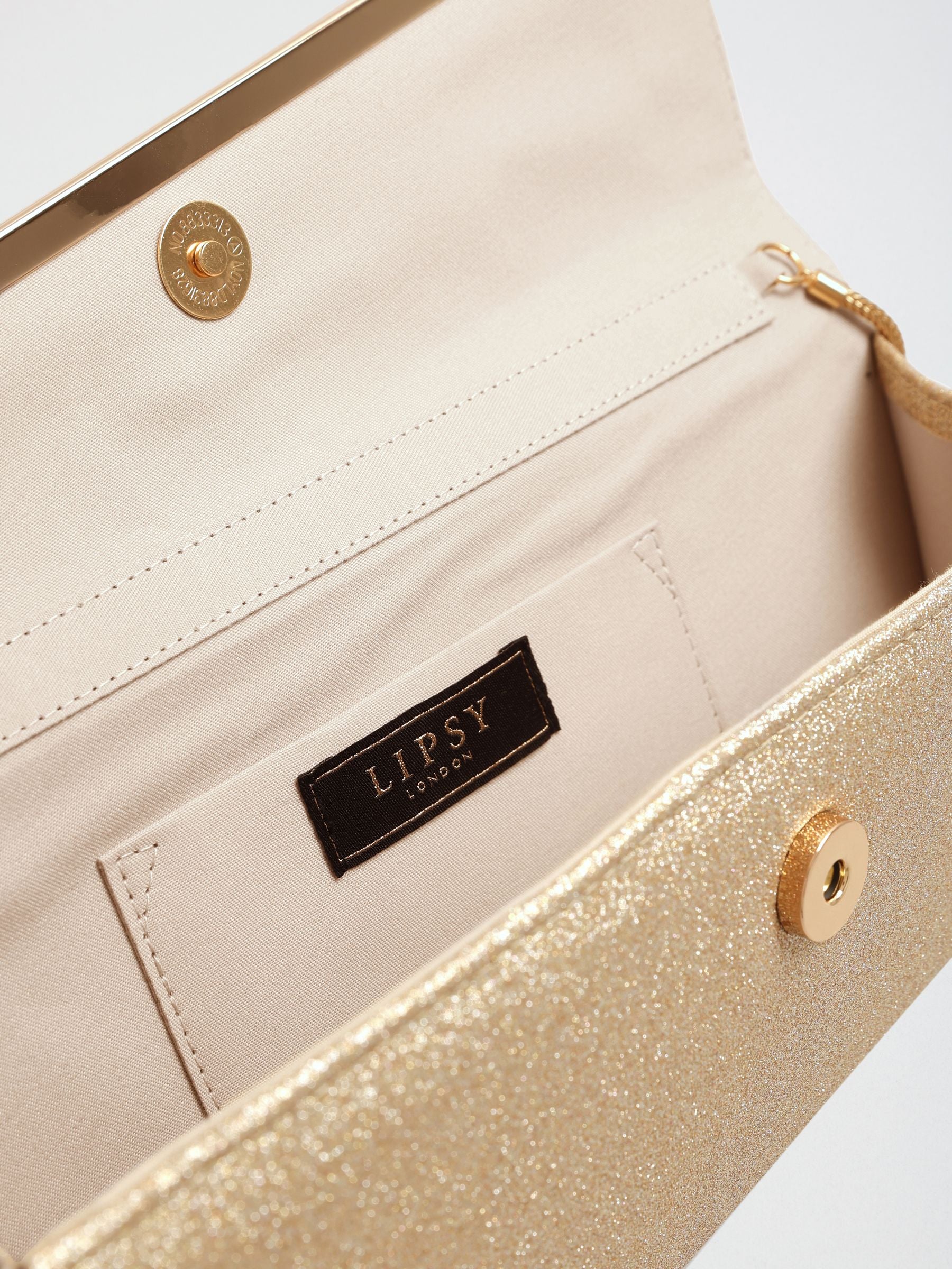 Lipsy gold glitter asymmetric clutch bag, UK version