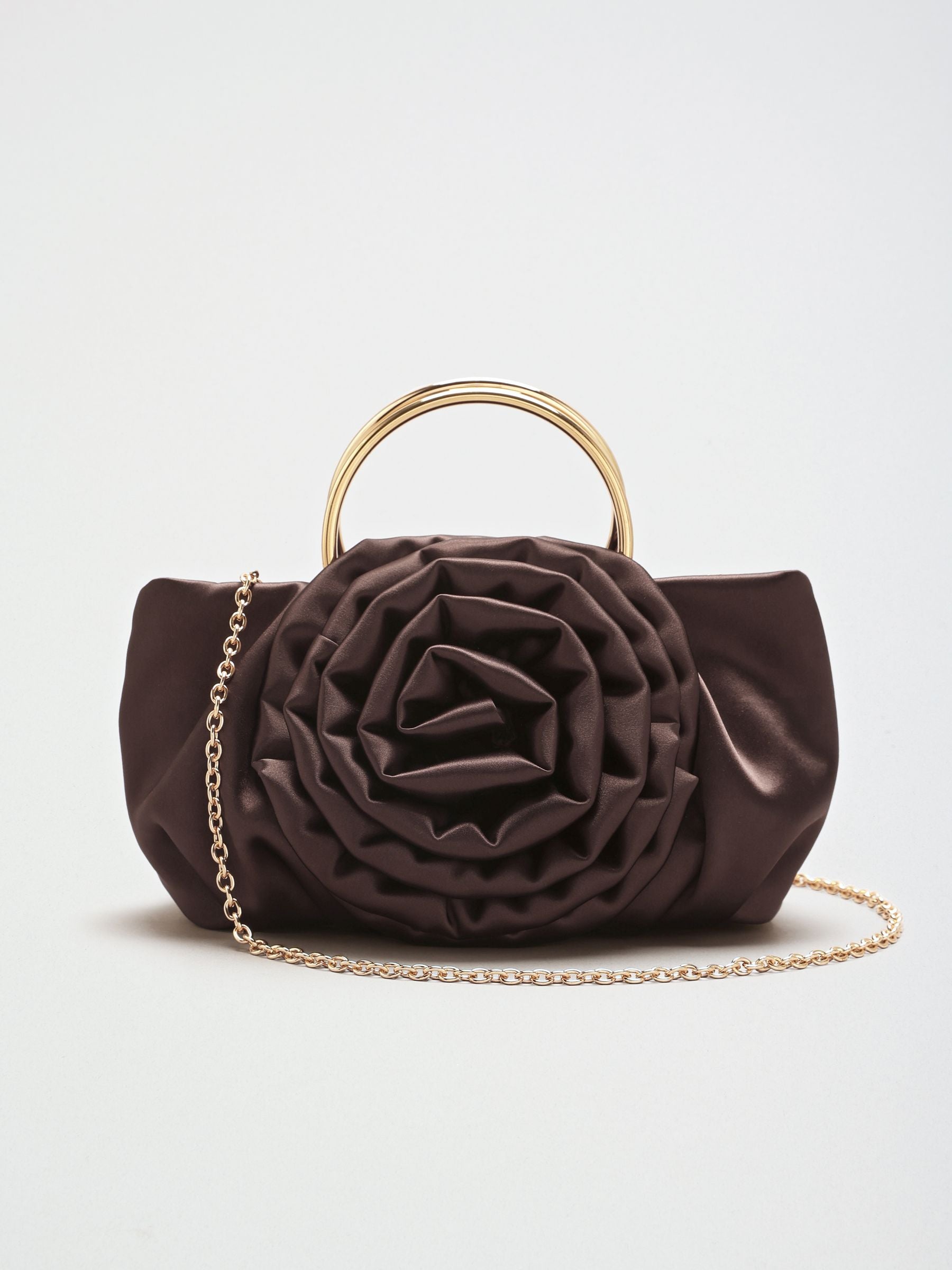Lipsy chocolate brown satin corsage top handle bag (British brand)