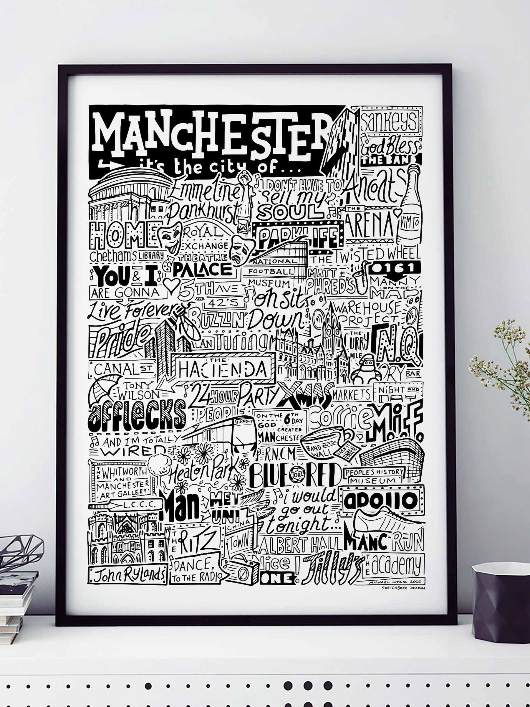 Sketchbook Design Manchester landmarks framed wall art print - British product