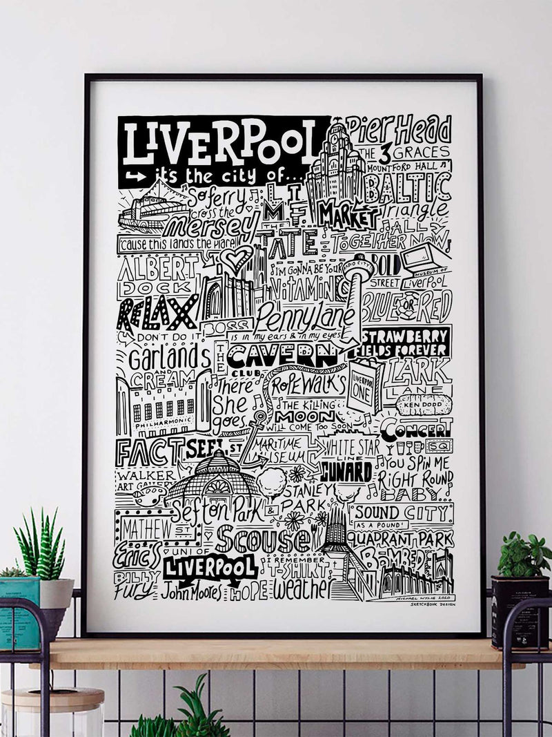 Sketchbook Design Liverpool landmarks framed wall art print - British product