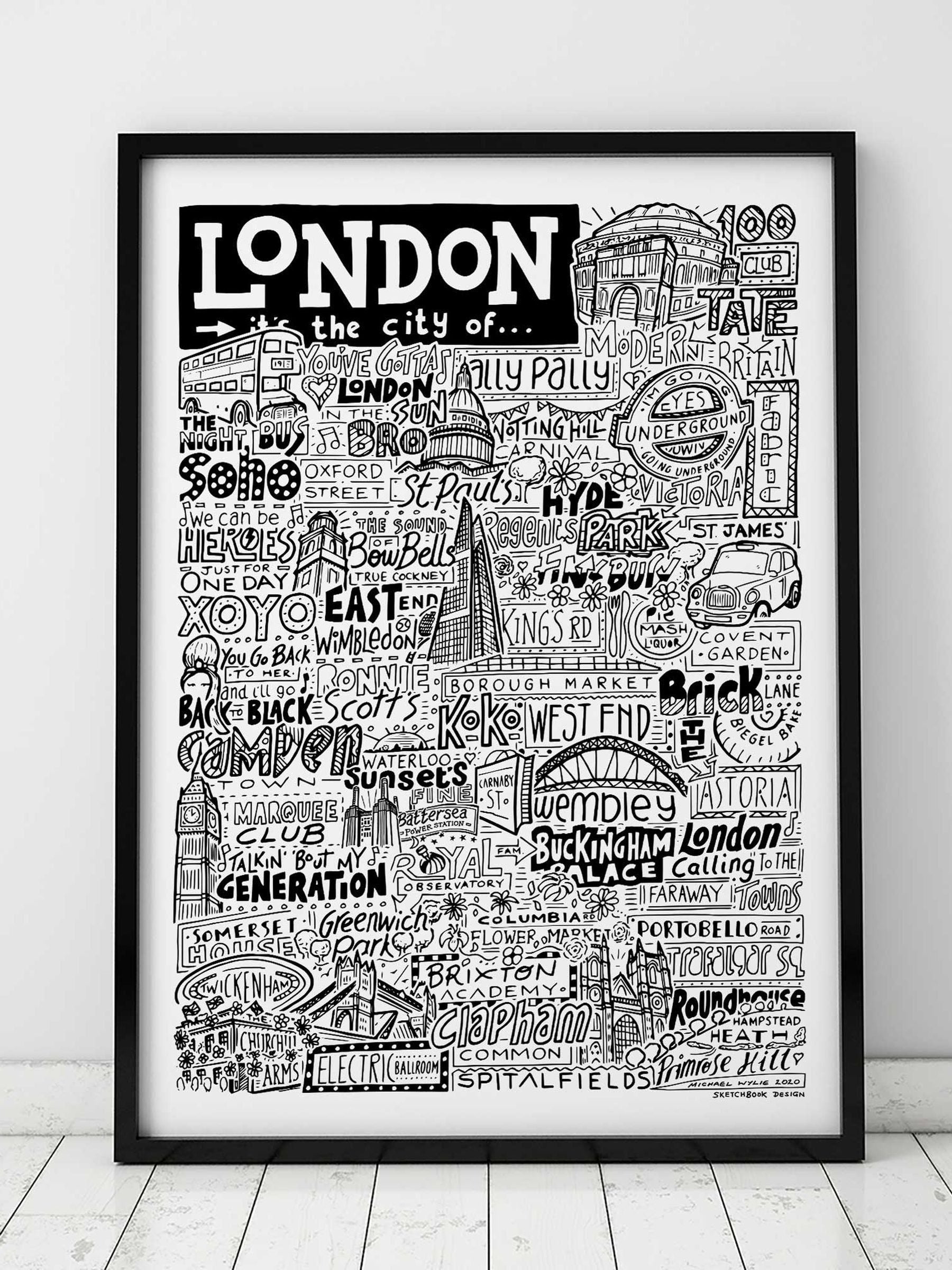 Sketchbook Design framed London landmarks wall art print, UK version
