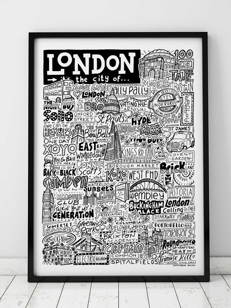 Sketchbook Design framed London landmarks wall art print, UK version