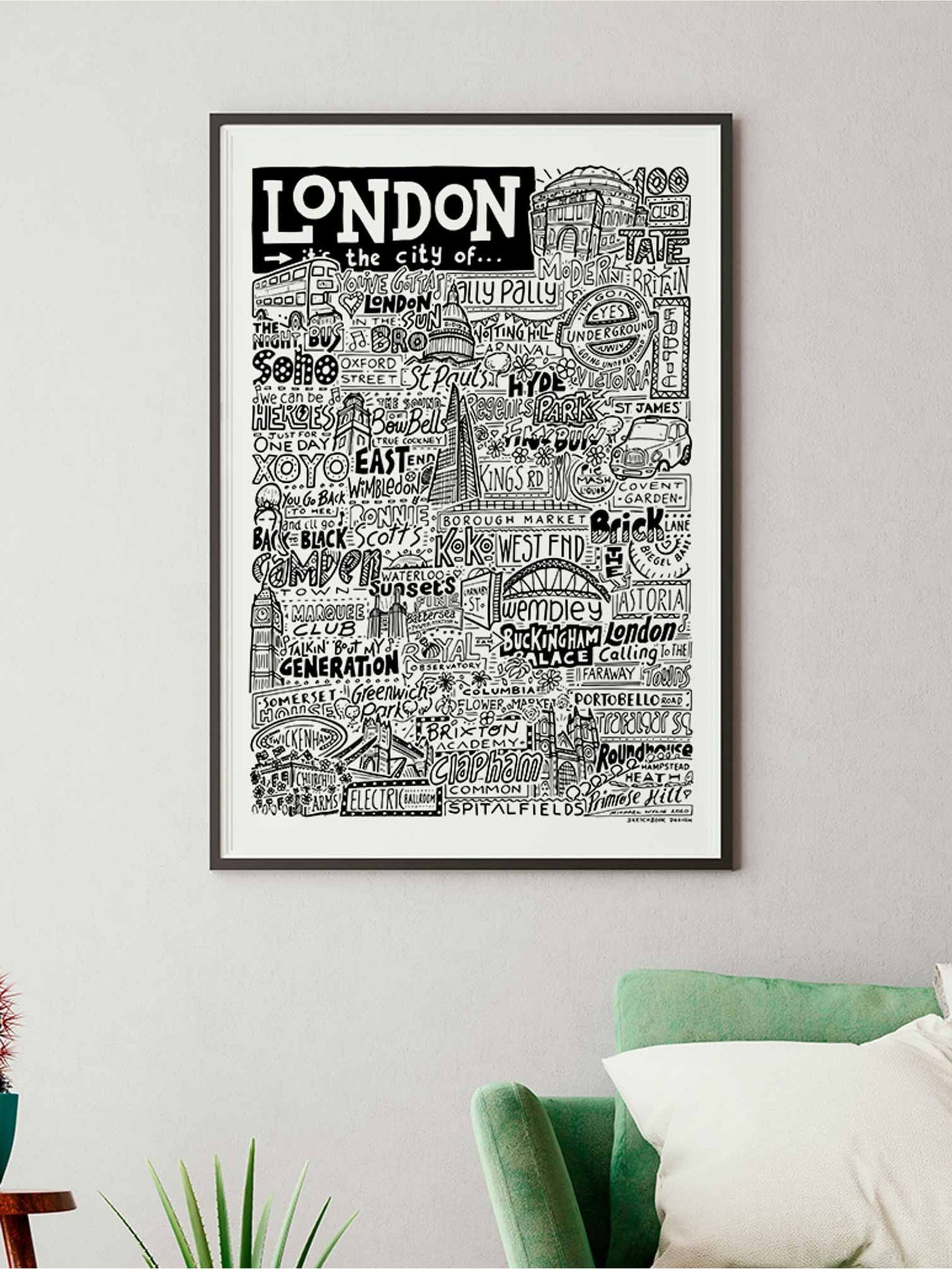 Sketchbook Design framed London landmarks wall art print, UK version