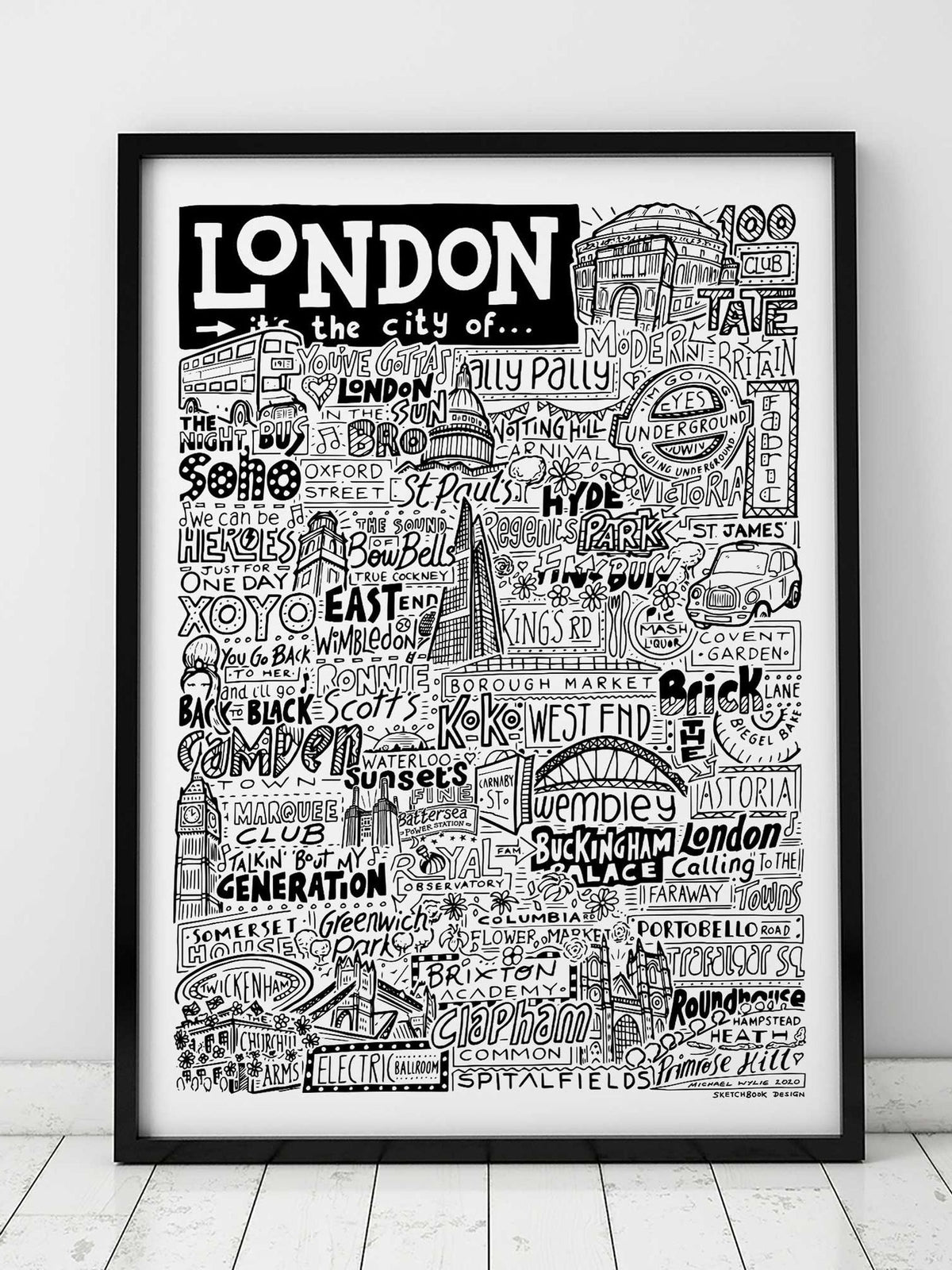 Sketchbook Design framed London landmarks wall art print, UK version