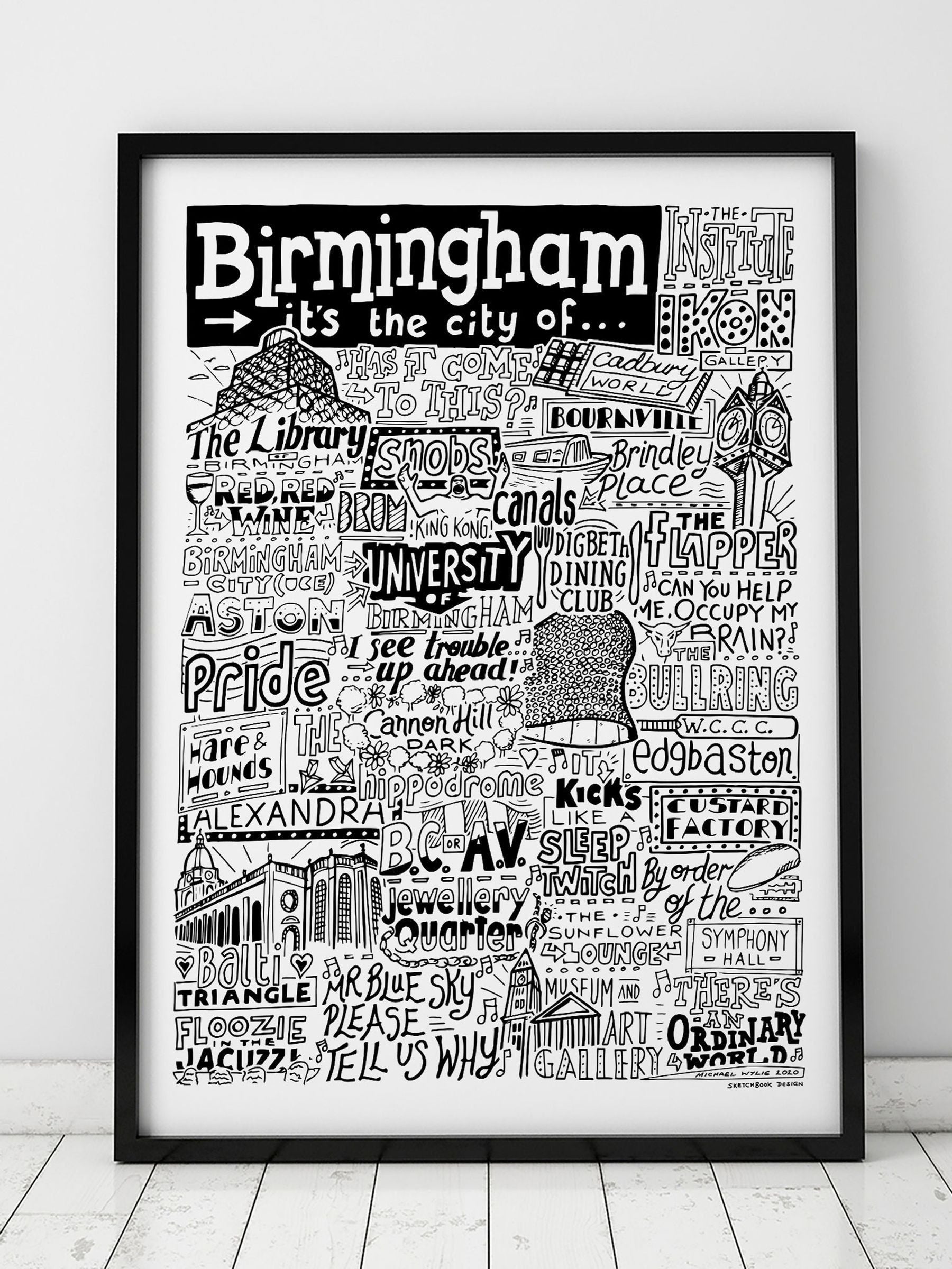 Sketchbook Design framed Birmingham landmarks print, imported from the UK