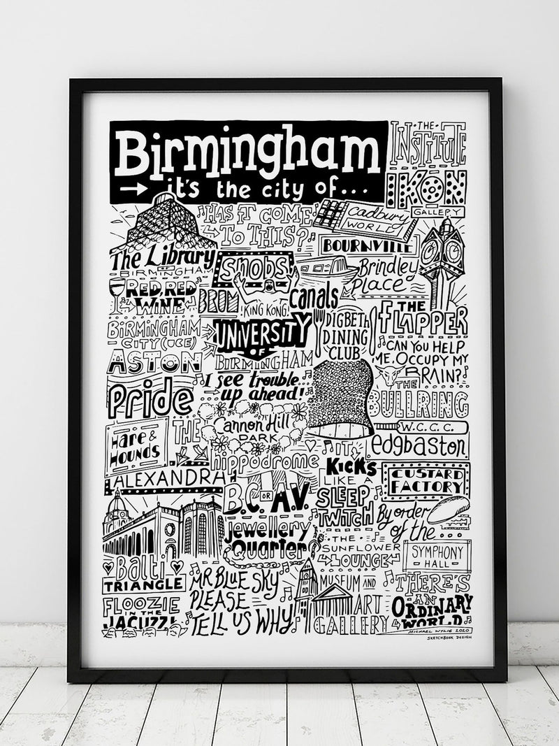Sketchbook Design framed Birmingham landmarks print, imported from the UK