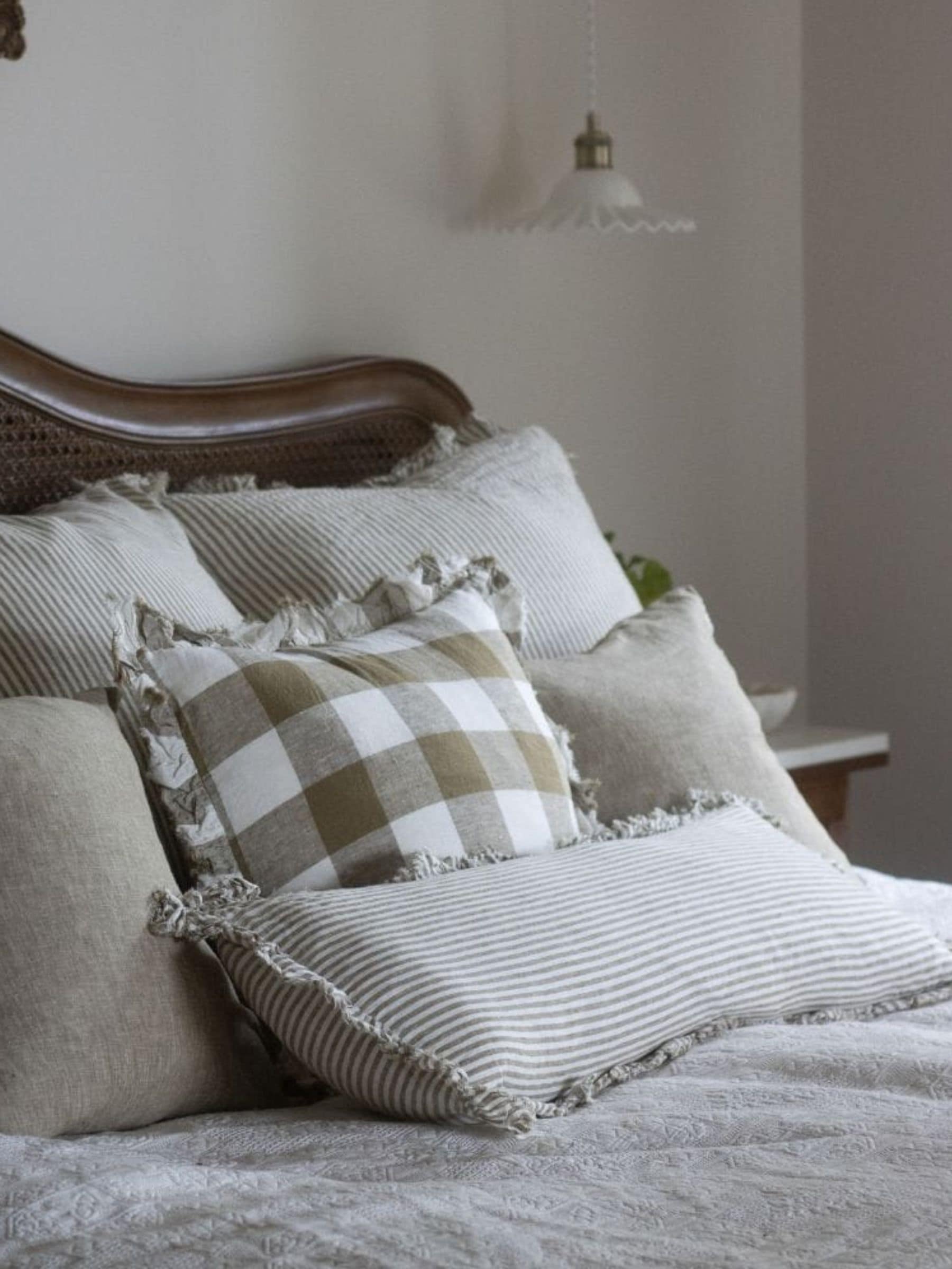 Ellenvale Interiors olive stripe ruffle bolster cushion cover 80x30cm (British brand)