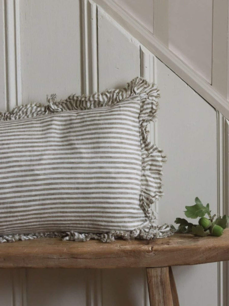 Ellenvale Interiors olive stripe ruffle bolster cushion cover 80x30cm (British brand)