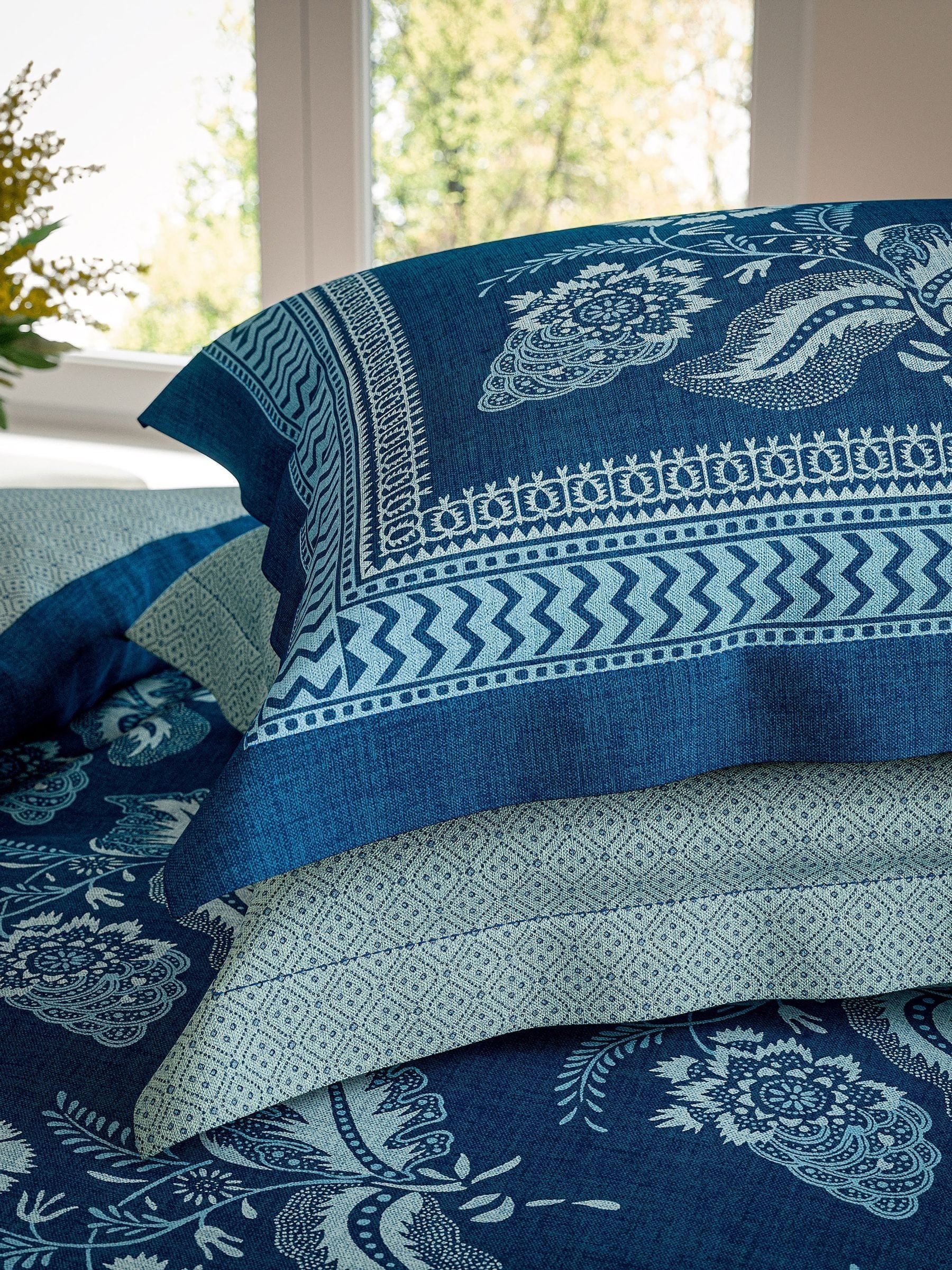 V&A Indigo Eastern Bloom pillowcase pair, imported from the UK