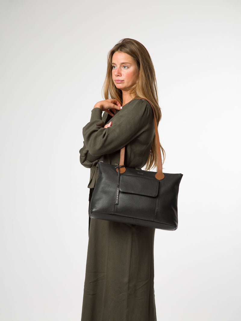 Cultured London Black Solange leather tote bag, imported from the UK