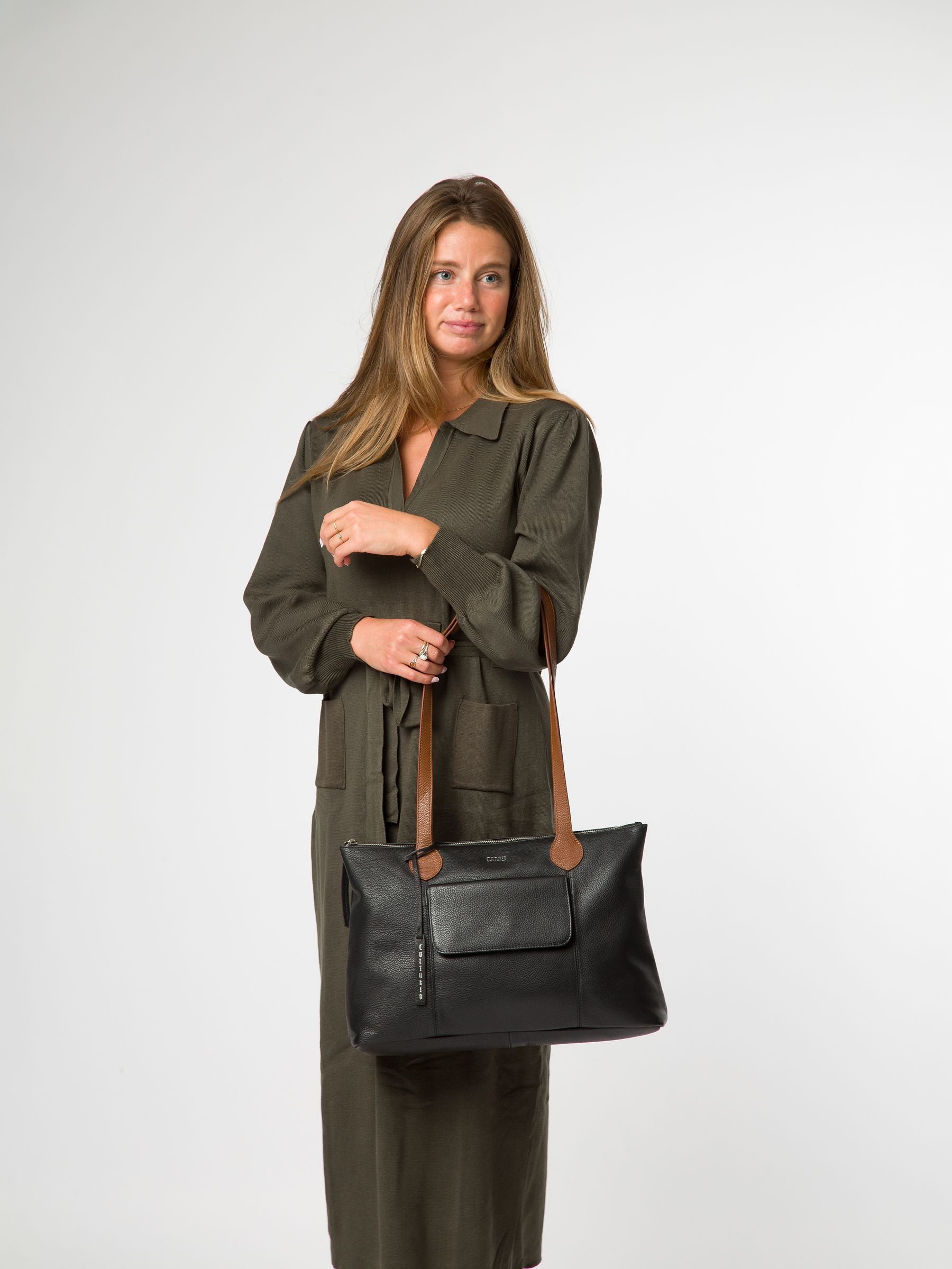 Cultured London Black Solange leather tote bag, imported from the UK