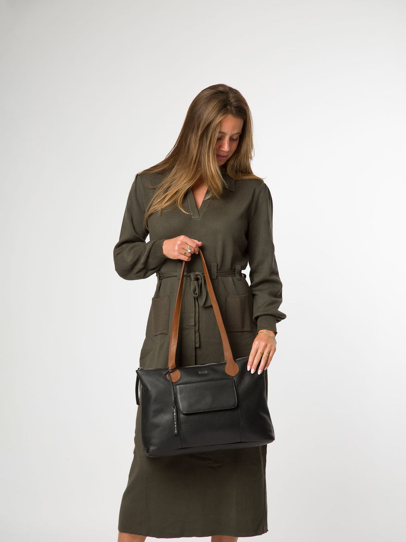 Cultured London Black Solange leather tote bag, imported from the UK