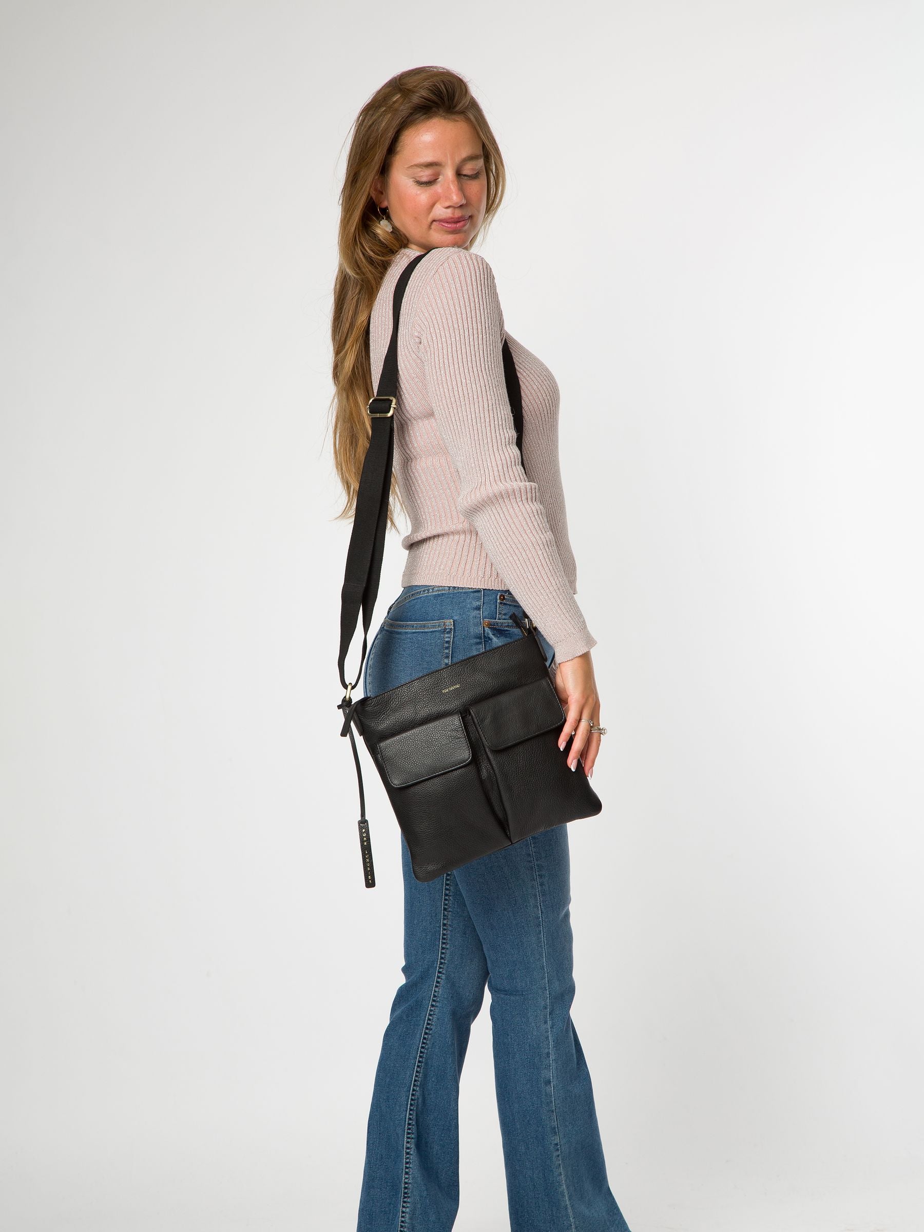 Pure Luxuries Elodie black leather cross-body bag, imported from the UK