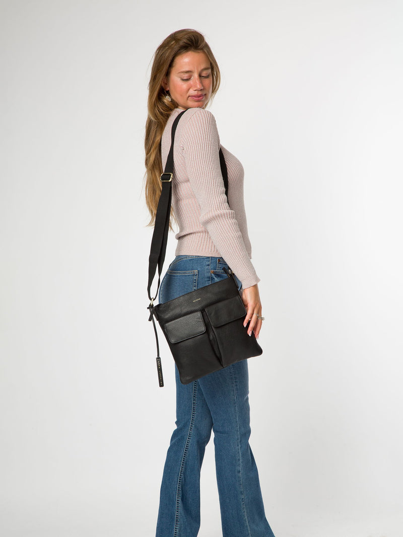Pure Luxuries Elodie black leather cross-body bag, imported from the UK