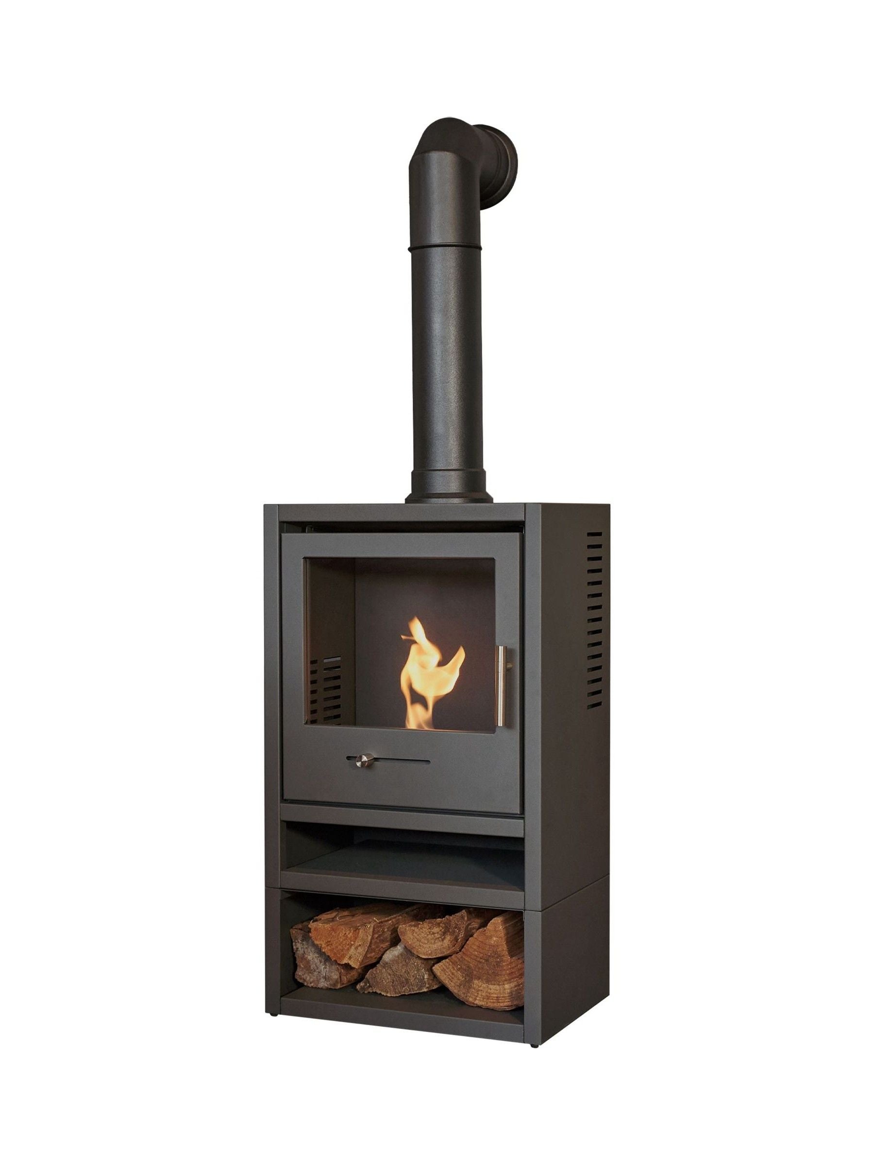Adam charcoal grey bio ethanol stove with log storage, imported from the UK