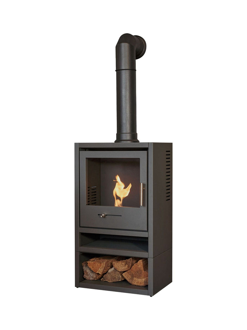Adam charcoal grey bio ethanol stove with log storage, imported from the UK