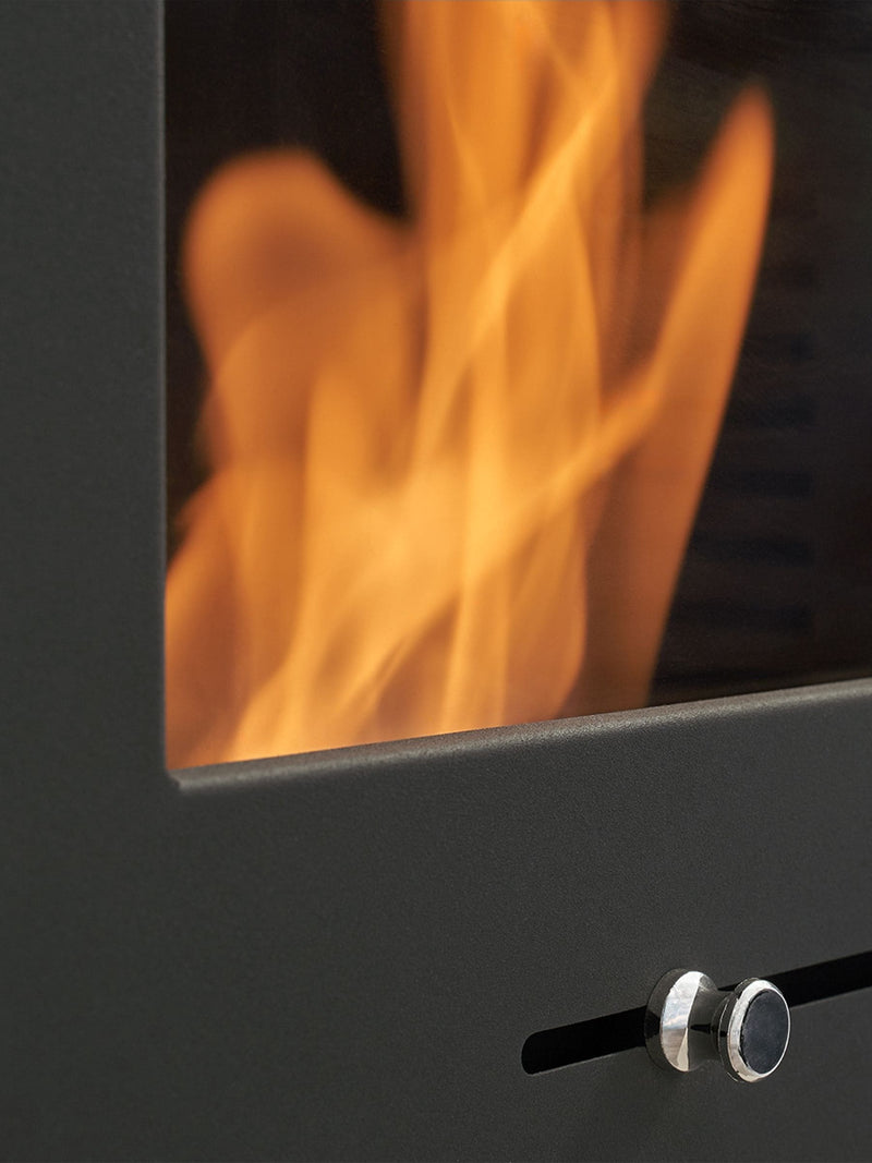 Adam charcoal grey bio ethanol stove with log storage, imported from the UK