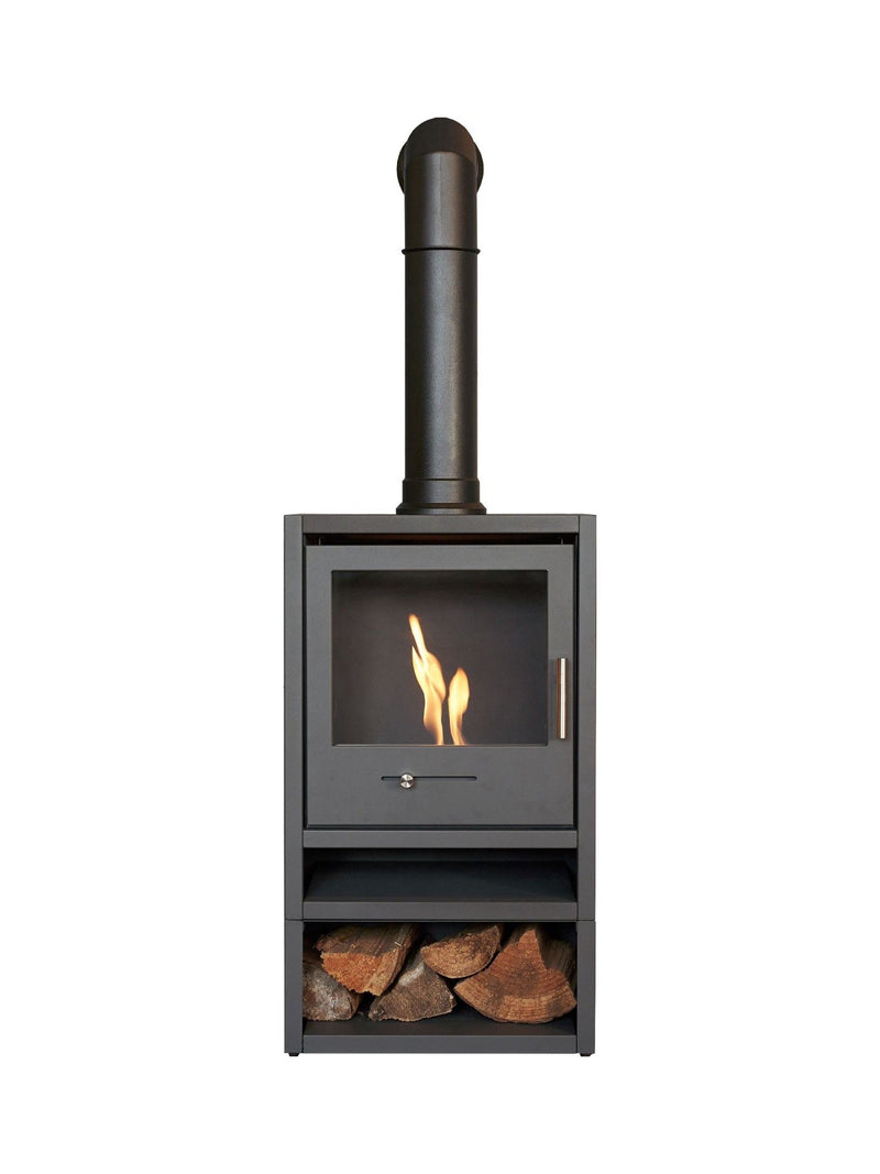Adam charcoal grey bio ethanol stove with log storage, imported from the UK