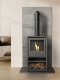 Adam charcoal grey bio ethanol stove with log storage, imported from the UK