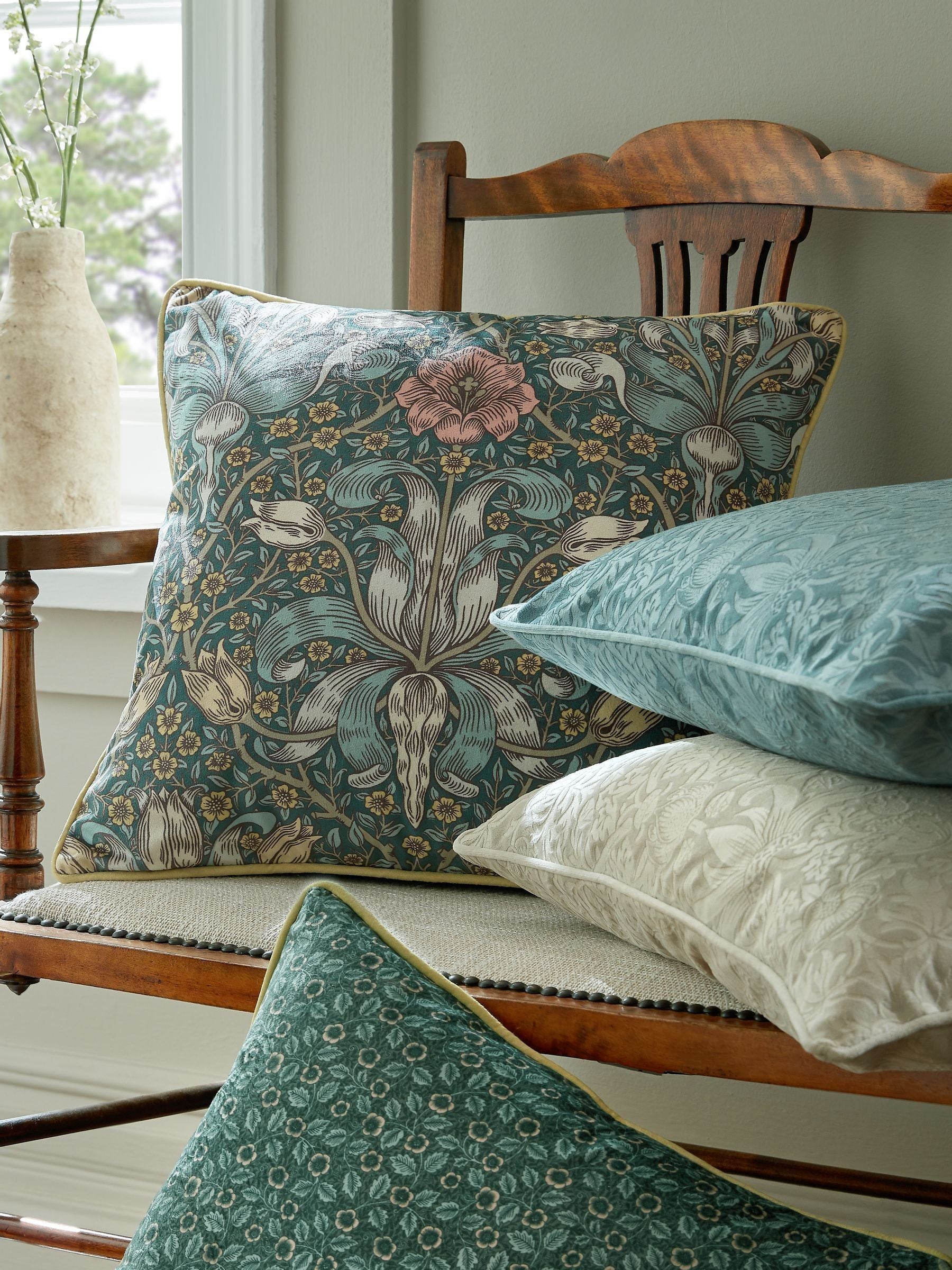 William Morris cushion in mineral blue, imported from the UK