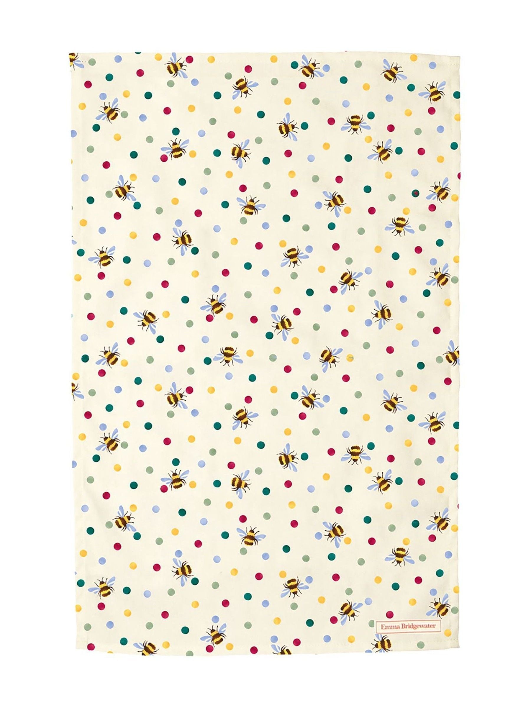 Emma Bridgewater tea towel with yellow bumblebee and polka dot design, UK version