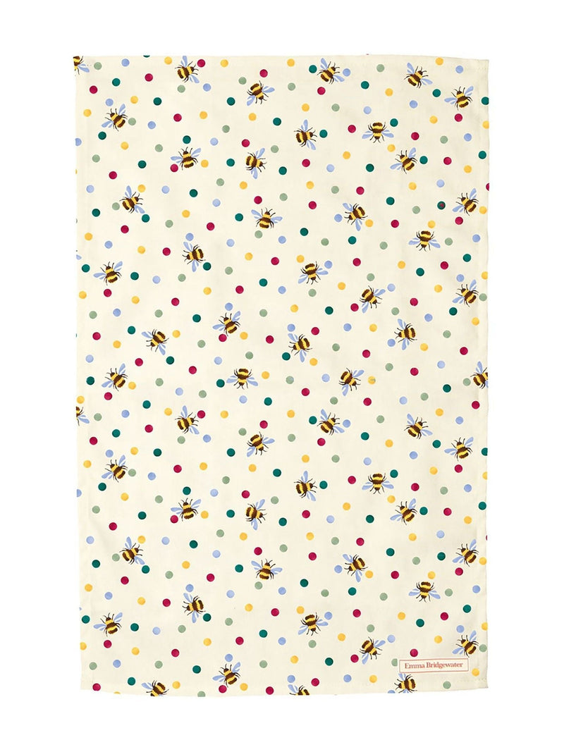 Emma Bridgewater tea towel with yellow bumblebee and polka dot design, UK version